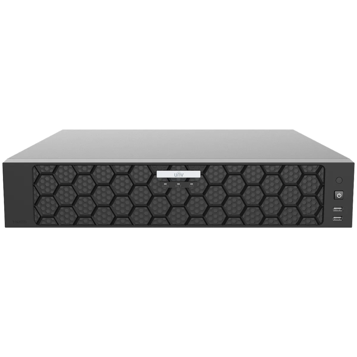 A Uniview 32ch NVR with a black, honeycomb patterned front grille. There is a power button and two USB ports along the right side of the front panel, along with a white label with the UNV logo in the centre.