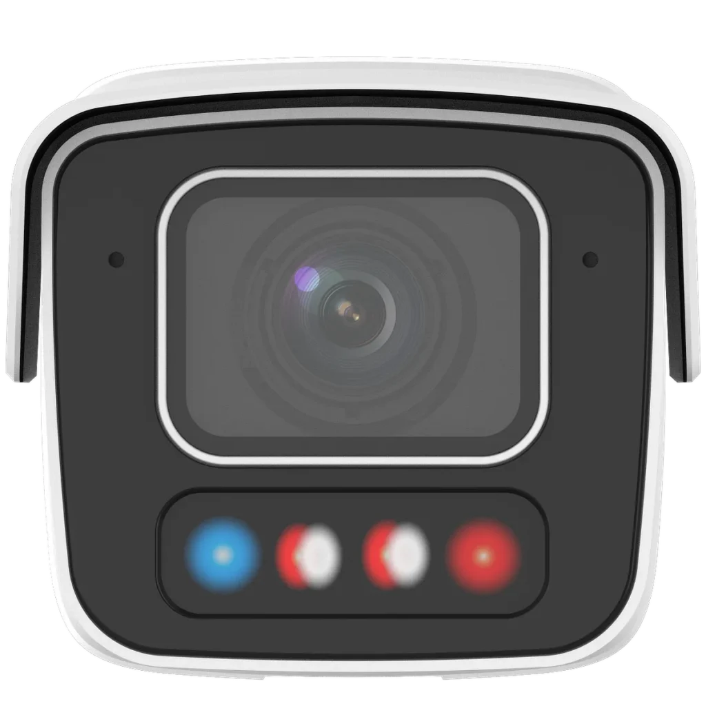 The front of a Uniview bullet-style security camera, with two small holes for microphones, a rectangular cutout for the lens, and four LED lights at the button that can flash red and blue to deter trespassers.