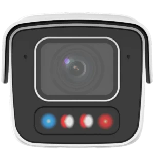 The front of a Uniview bullet-style security camera, with two small holes for microphones, a rectangular cutout for the lens, and four LED lights at the button that can flash red and blue to deter trespassers.