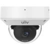 A Uniview dome camera with a small hole in the top centre for a microphone and four LED lights that support both infrared and white light.