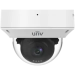 A Uniview dome camera with a small hole in the top centre for a microphone and four LED lights that support both infrared and white light.