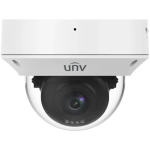 A Uniview dome camera with a small hole in the top centre for a microphone and four LED lights that support both infrared and white light.