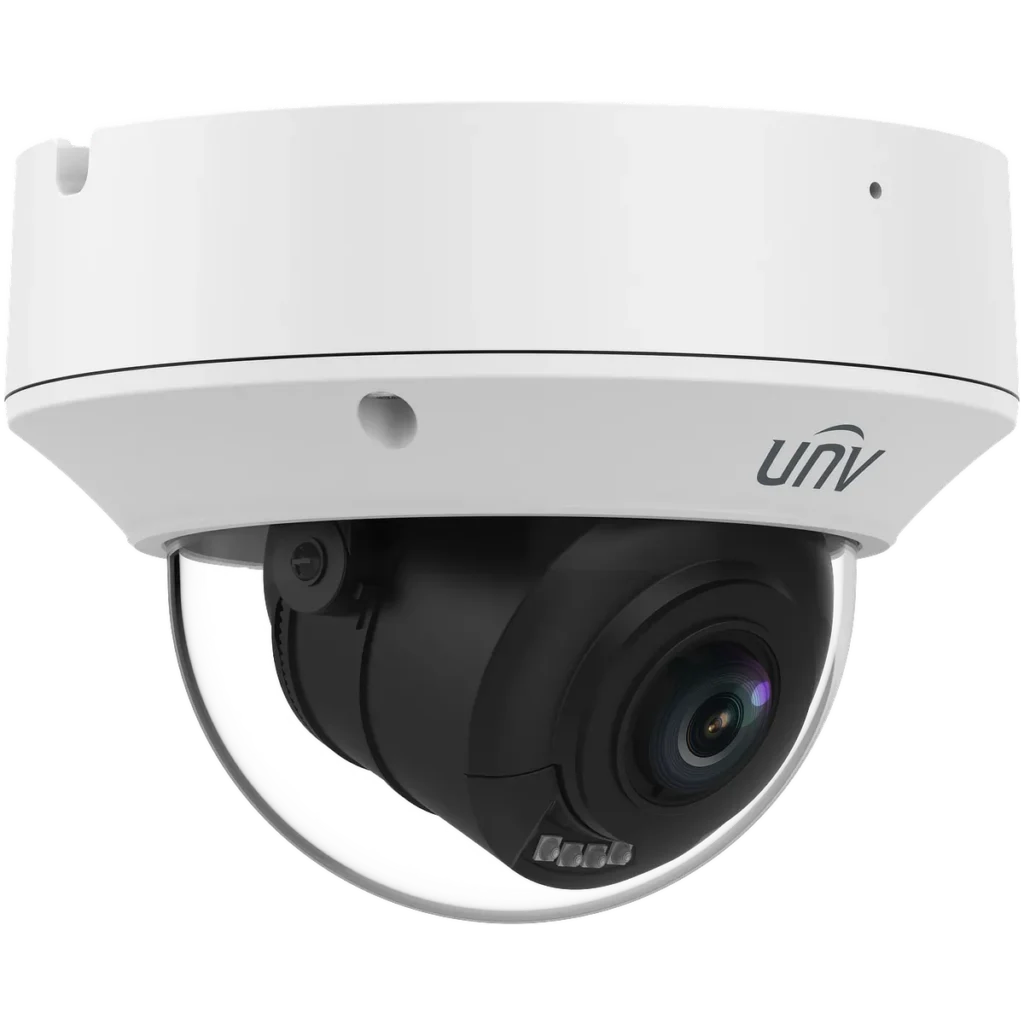 A large varifocal dome camera with the UNV logo on the front, as viewed from a slight off left angle.