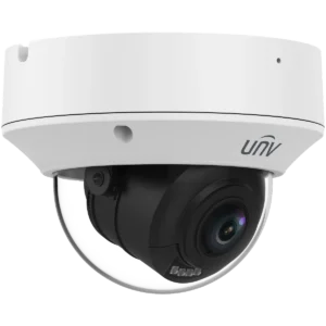 A large varifocal dome camera with the UNV logo on the front, as viewed from a slight off left angle.