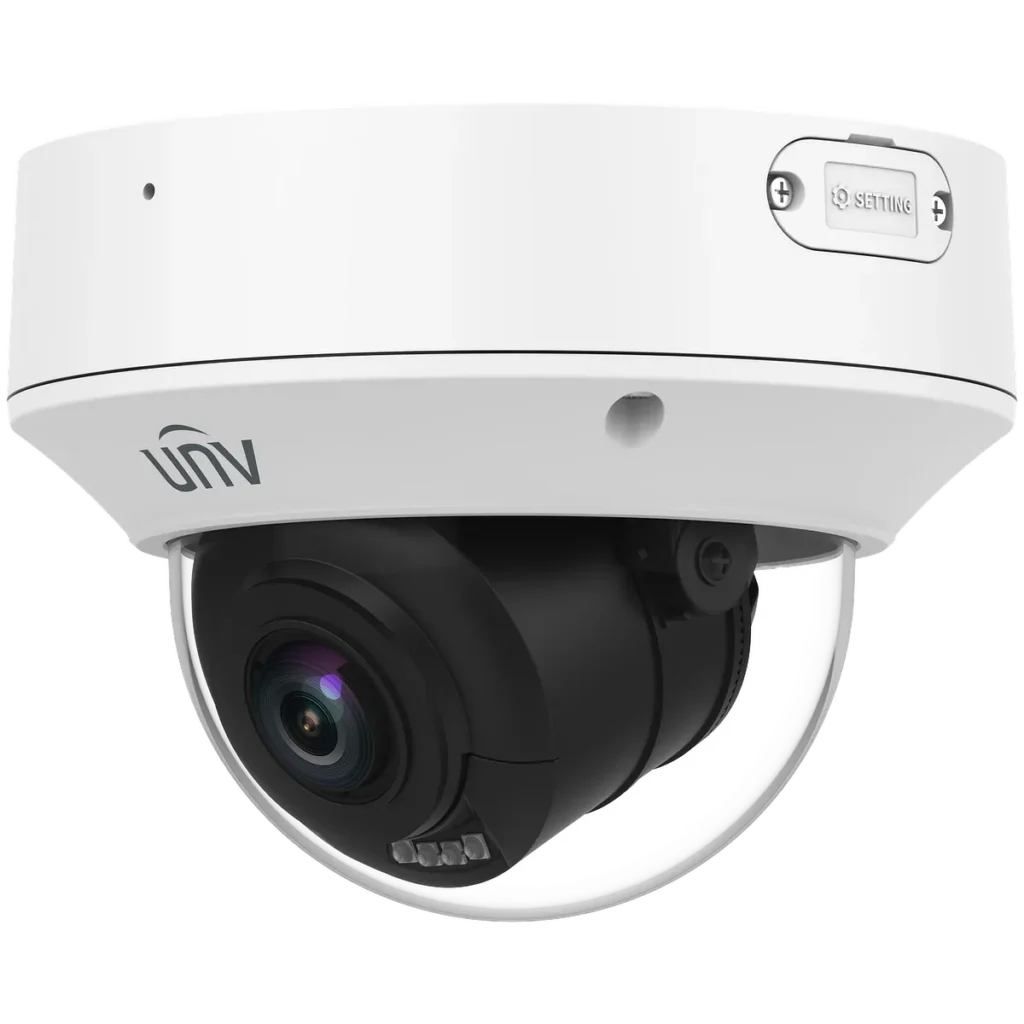 A white Uniview varifocal dome camera with LED lights under the lens and a settings panel cover on the top of the housing, viewed from the front right.