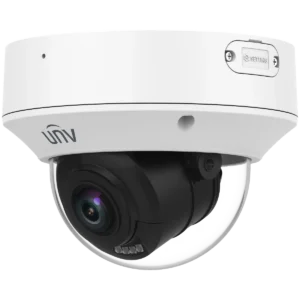A white Uniview varifocal dome camera with LED lights under the lens and a settings panel cover on the top of the housing, viewed from the front right.