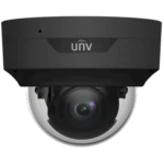 A black dome camera made by Uniview with the UNV logo at the front and a clear dome cover that protects the lens.