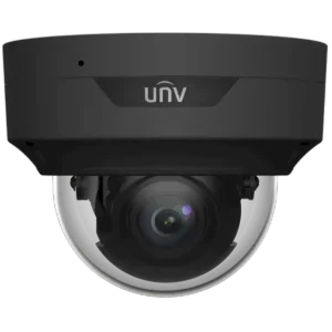 A black dome camera made by Uniview with the UNV logo at the front and a clear dome cover that protects the lens.