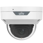 A white dome camera with the Uniview logo with a small black hole that serves as the microphone input, as well as a small LED light under the dome cover, viewed from a front angle.