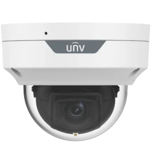 A white dome camera with the Uniview logo with a small black hole that serves as the microphone input, as well as a small LED light under the dome cover, viewed from a front angle.