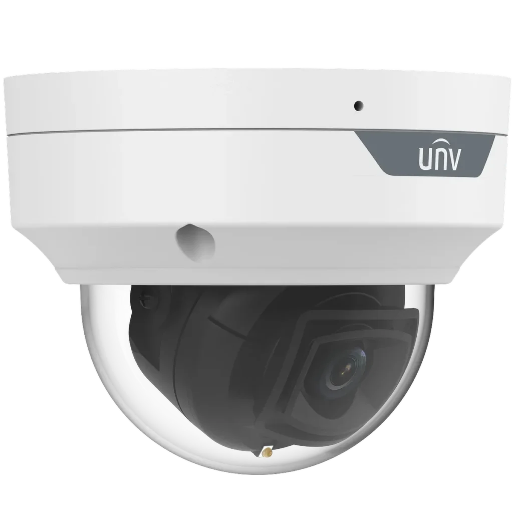 A Uniview white dome camera, as viewed from a slight angle to the left of the camera.