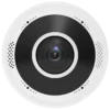 The underside of a round white Uniview fisheye camera, with a wide-angle lens in the centre surrounded by a black ring and small holes for the built-in microphone and speaker.