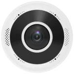 The underside of a round white Uniview fisheye camera, with a wide-angle lens in the centre surrounded by a black ring and small holes for the built-in microphone and speaker.
