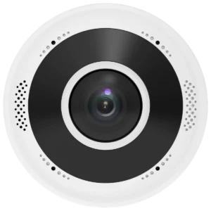The underside of a round white Uniview fisheye camera, with a wide-angle lens in the centre surrounded by a black ring and small holes for the built-in microphone and speaker.