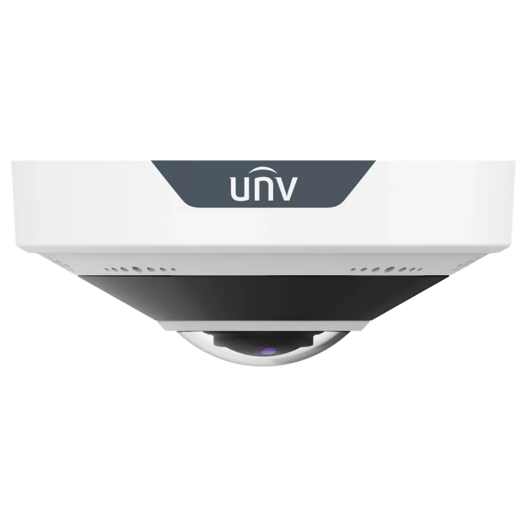 A side view of a low-profile white fisheye camera with the UNV logo on a grey panel and a small glass dome at the bottom that protects the lens.