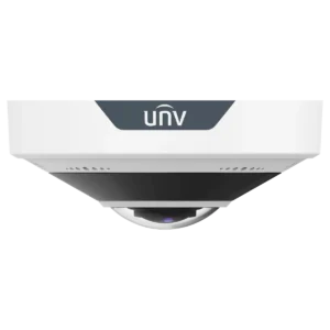 A side view of a low-profile white fisheye camera with the UNV logo on a grey panel and a small glass dome at the bottom that protects the lens.