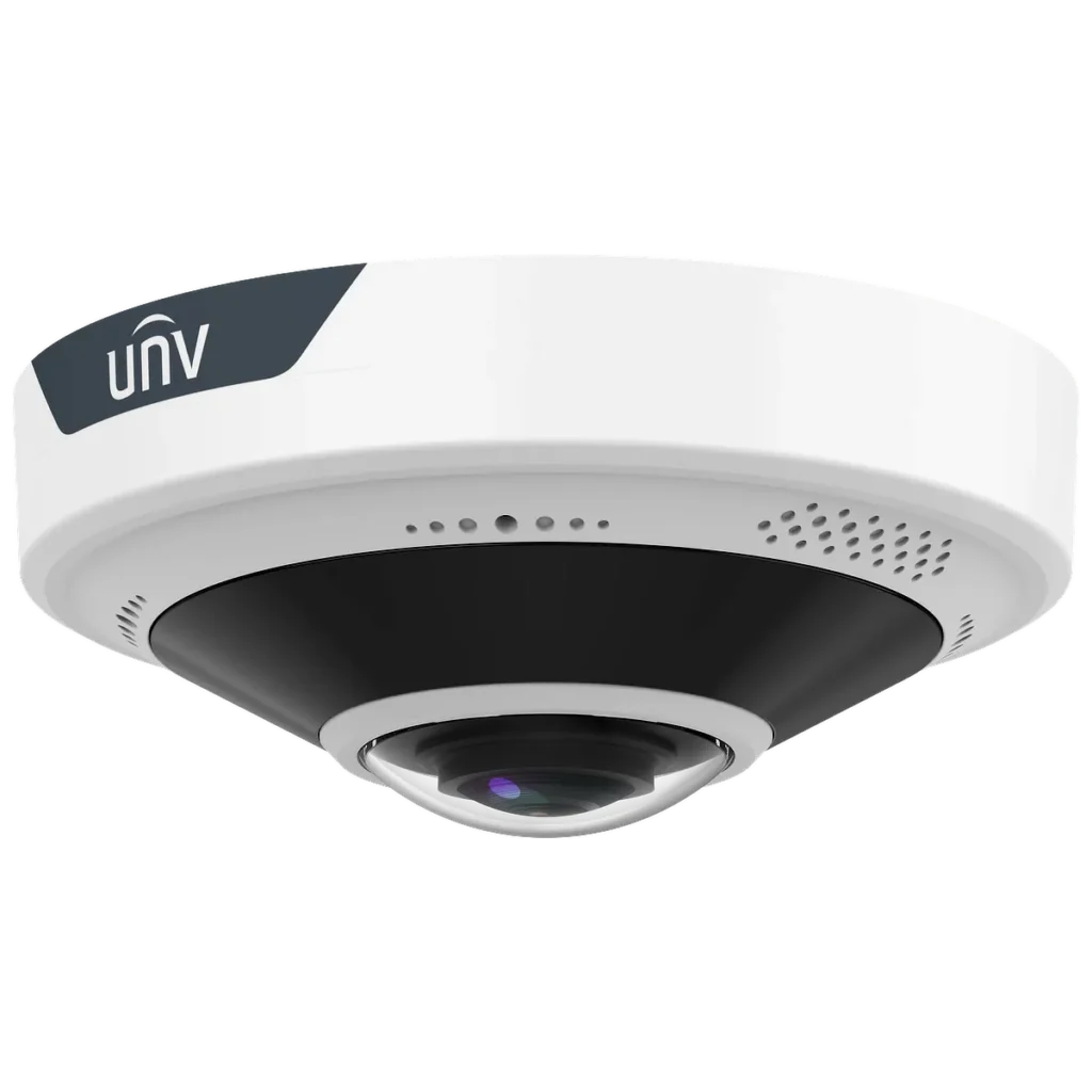 A white Uniview fisheye camera with the UNV logo on the side and a small glass dome covering the lens underneath, viewed from a slight angle.