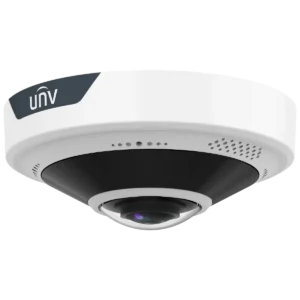 A white Uniview fisheye camera with the UNV logo on the side and a small glass dome covering the lens underneath, viewed from a slight angle.