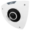 A white Uniview corner camera shaped to fit into the corner of a room, with the UNV logo at the top and a wide-angle lens in the centre, viewed from the front left.