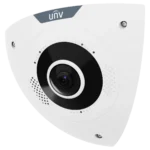 A white Uniview corner camera shaped to fit into the corner of a room, with the UNV logo at the top and a wide-angle lens in the centre, viewed from the front left.