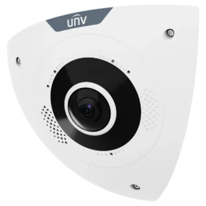 A white Uniview corner camera shaped to fit into the corner of a room, with the UNV logo at the top and a wide-angle lens in the centre, viewed from the front left.