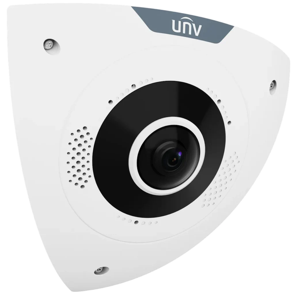 A white Uniview corner camera with a round wide-angle lens and speaker holes on either side, viewed from the front right.