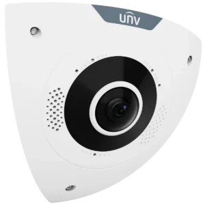 A white Uniview corner camera with a round wide-angle lens and speaker holes on either side, viewed from the front right.