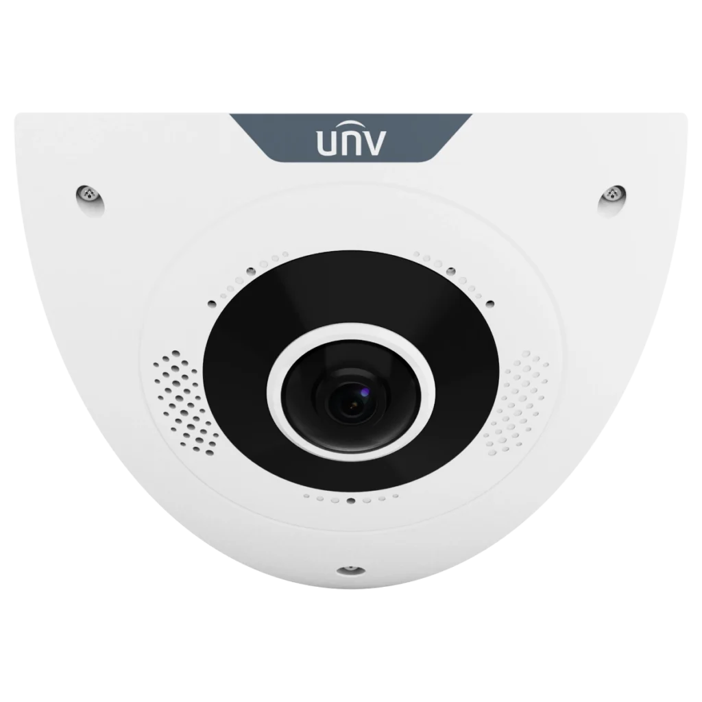 The front of a white Uniview corner camera with a wide-angle lens in the centre, small speaker holes on both sides, and screws at the corners that hold the cover in place.