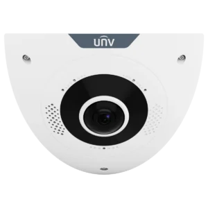 The front of a white Uniview corner camera with a wide-angle lens in the centre, small speaker holes on both sides, and screws at the corners that hold the cover in place.
