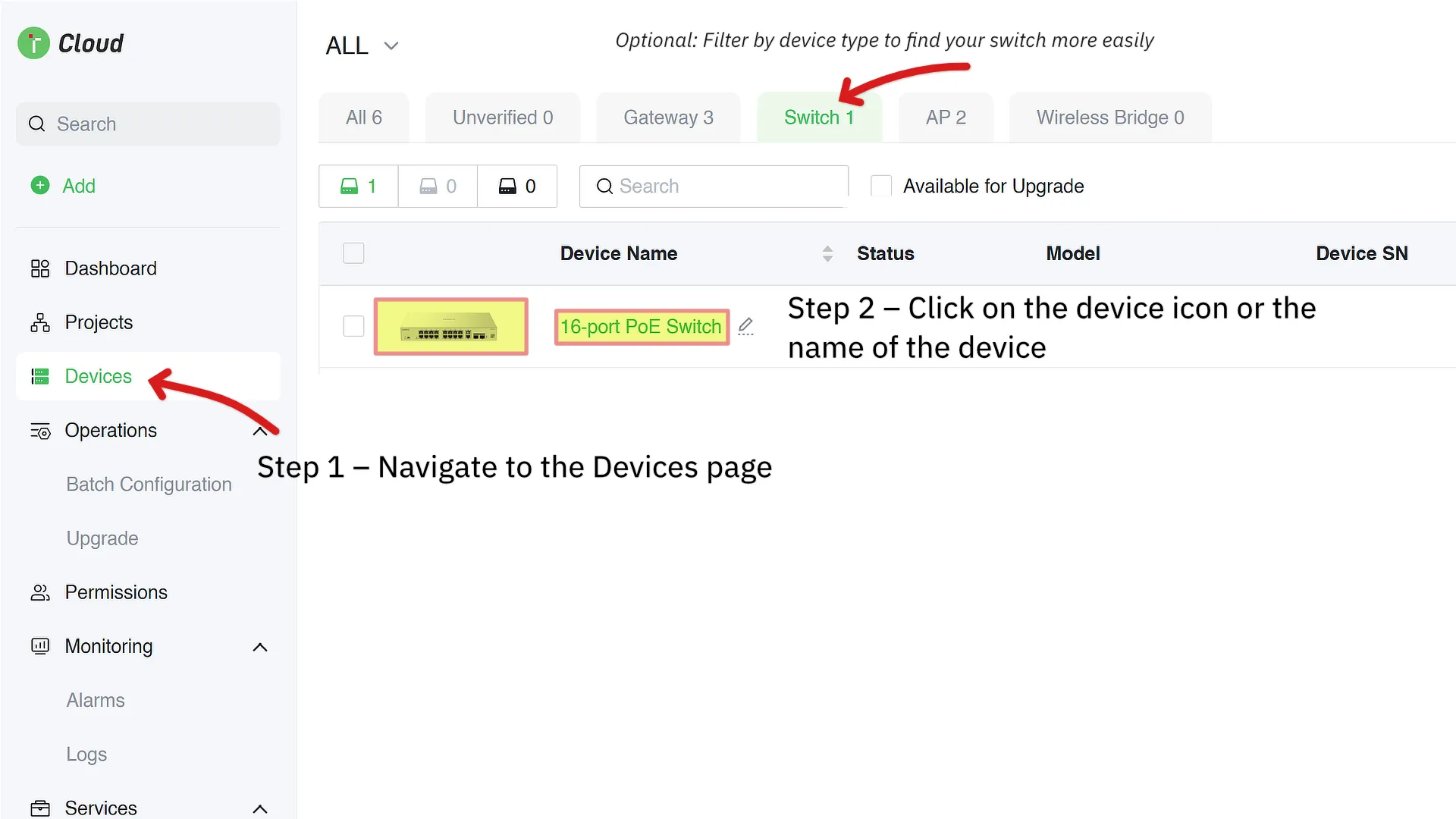 A screenshot of the Lysora Cloud interface, with red arrows pointing towards the Devices tab on the left side, and instructions telling the user to click on either the device icon or the name of the device.