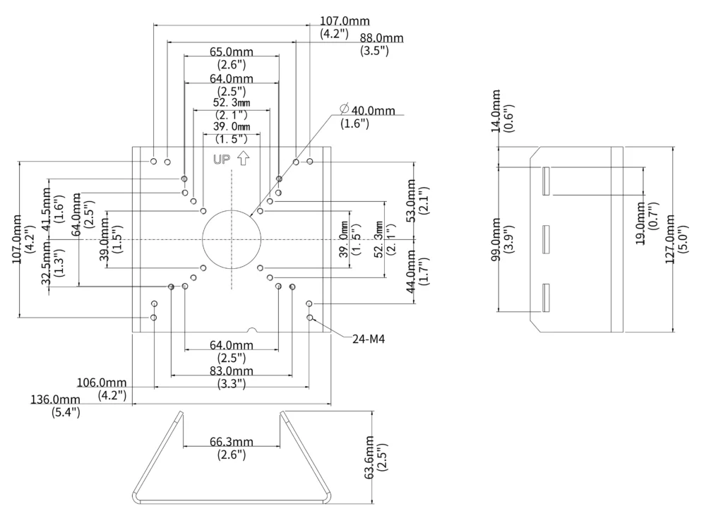A labeled diagram of Uniview's TR-UP06-C-IN pole mount bracket, with detailed dimensions for between the various screw holes.
