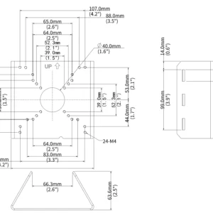 A labeled diagram of Uniview's TR-UP06-C-IN pole mount bracket, with detailed dimensions for between the various screw holes.