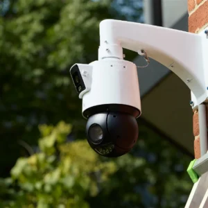 A large Uniview PTZ camera mounted on a red brick wall, with trees in the background and a ladder resting against the wall at the bottom right corner of the photo.