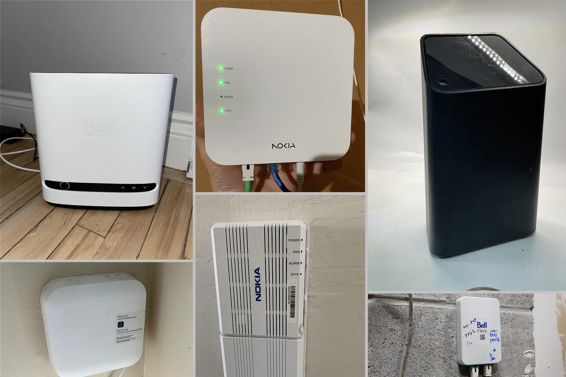 A collection of various routers and modems from various Canadian internet service providers, including a white Bell modem and a black Rogers router.