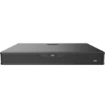 A Uniview DVR as seen from the front, with the white UNV logo and three LED indicators lights for RUN, NET and HDD