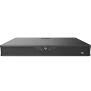 A Uniview DVR as seen from the front, with the white UNV logo and three LED indicators lights for RUN, NET and HDD