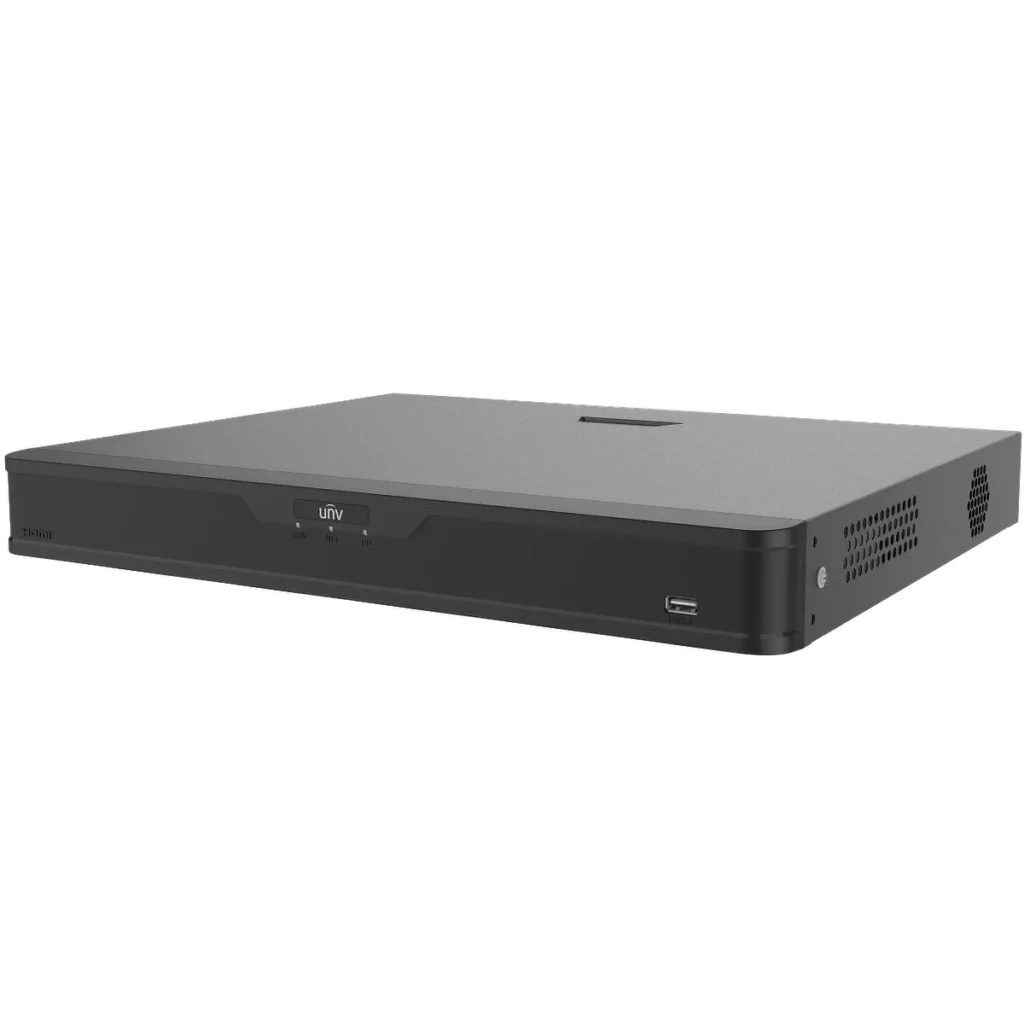 A Uniview DVR, as seen from a slightly front right angle, with the Uniview logo, vertical slots on the right side of the case for airflow, and the UNV logo on the front