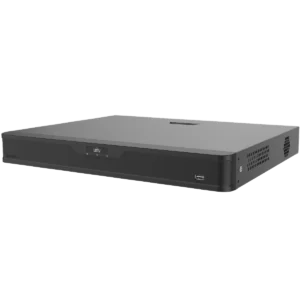 A Uniview DVR, as seen from a slightly front right angle, with the Uniview logo, vertical slots on the right side of the case for airflow, and the UNV logo on the front
