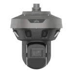 A dark grey Uniview panoramic camera with a ring of small camera windows around its upper housing, the UNV logo above them, and a black PTZ zoom camera hanging below, viewed from the front.