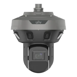 A dark grey Uniview panoramic camera with a ring of small camera windows around its upper housing, the UNV logo above them, and a black PTZ zoom camera hanging below, viewed from the front.