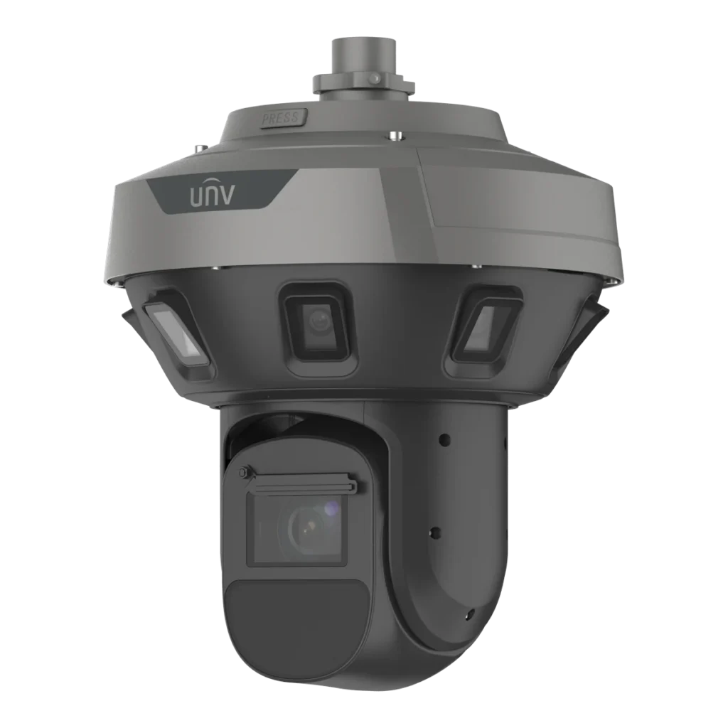 A dark grey Uniview panoramic camera with a ring of small camera windows around its upper housing, the UNV logo above them, and a black PTZ zoom camera hanging below, viewed from the front left.