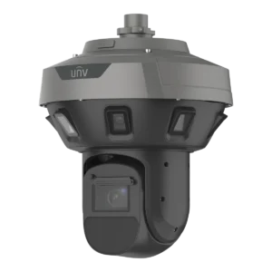 A dark grey Uniview panoramic camera with a ring of small camera windows around its upper housing, the UNV logo above them, and a black PTZ zoom camera hanging below, viewed from the front left.