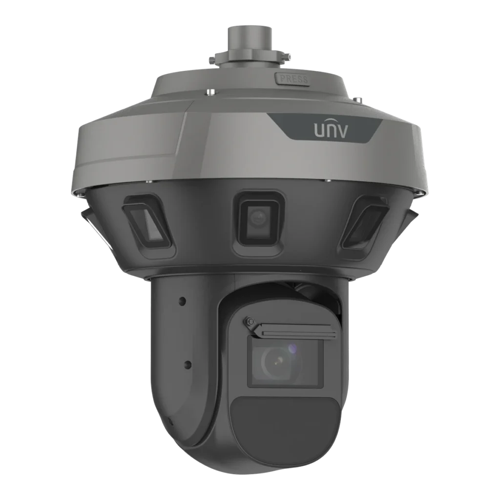 A dark grey Uniview panoramic camera with a ring of small camera windows around its upper housing, the UNV logo above them, and a black PTZ zoom camera hanging below, viewed from the front right.