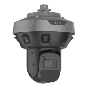 A dark grey Uniview panoramic camera with a ring of small camera windows around its upper housing, the UNV logo above them, and a black PTZ zoom camera hanging below, viewed from the front right.