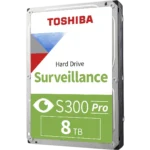 A Toshiba S300 Pro surveillance hard drive with a white and green label reading Hard Drive, Surveillance and 8 TB, viewed from the front left.