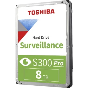 A Toshiba S300 Pro surveillance hard drive with a white and green label reading Hard Drive, Surveillance and 8 TB, viewed from the front left.