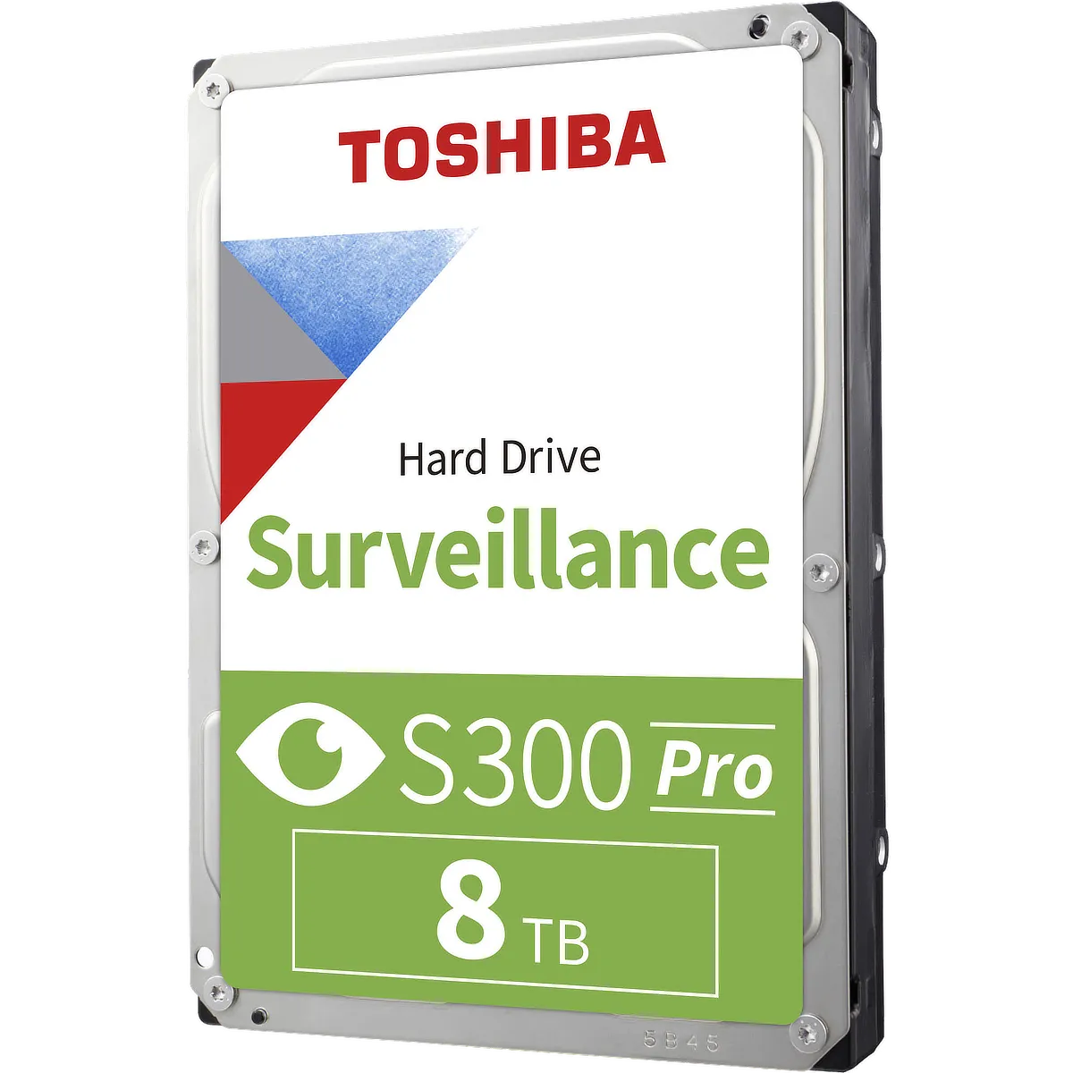 A Toshiba S300 Pro surveillance hard drive with a white and green label reading Hard Drive, Surveillance and 8 TB, viewed from the front left.