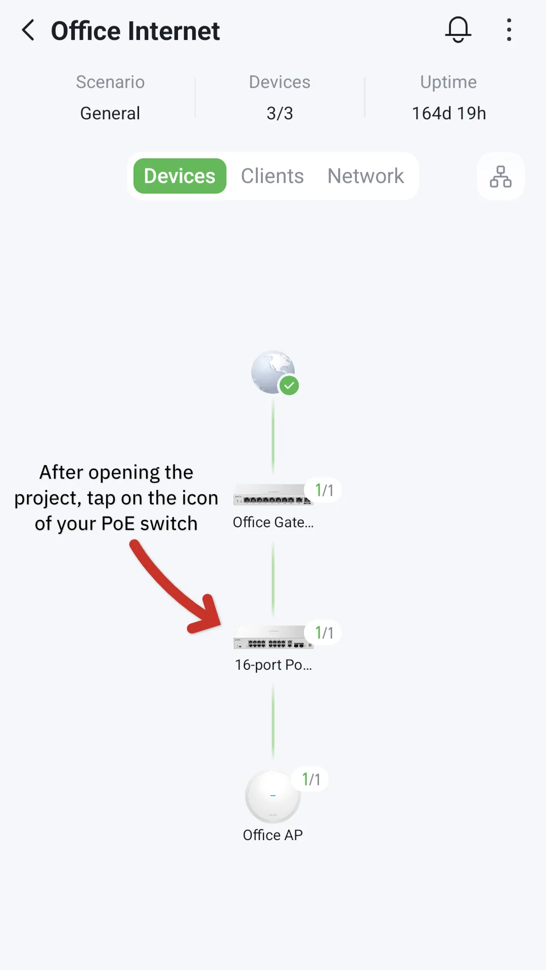 A screenshot of the Lysora app, showing the project menu with an icon of a Lysora router, connected to a 16-port switch by a green line, which is in turn connected to a wireless access point by a green line. This diagram displays how all the Lysora devices are connected within a single project.